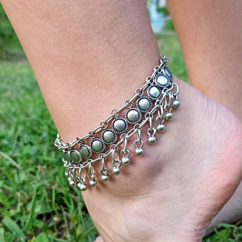 Dangle Disc Anklet Adjustable Antique Silver Plated Boho Beach Jewelry Statement Gift For Women 0