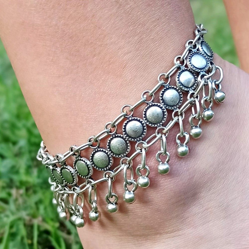 Dangle Disc Anklet Adjustable Antique Silver Plated Boho Beach Jewelry Statement Gift For Women 1