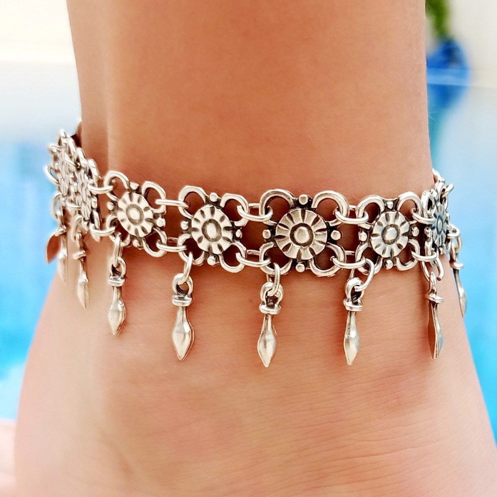 Geometric Link Anklet Adjustable Antique Silver Plated Modern Boho Beach Jewelry Gift For Women 0