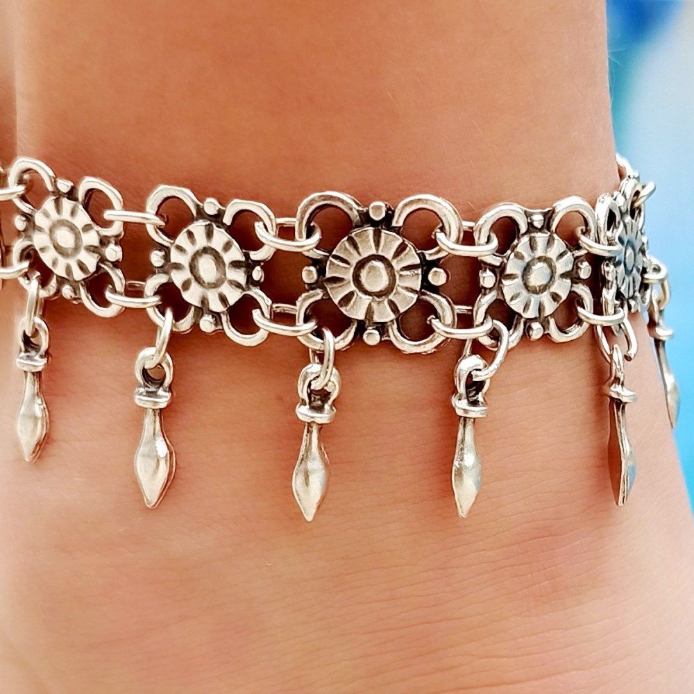 Geometric Link Anklet Adjustable Antique Silver Plated Modern Boho Beach Jewelry Gift For Women 1