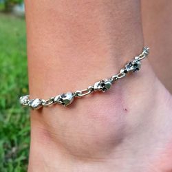 skull anklet – adjustable antique silver plated – gothic boho beach jewelry – statement gift for women - 8888880050044