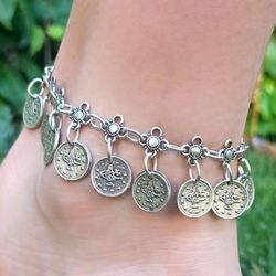 handmade tugra & daisy anklet – adjustable antique silver plated – boho beach jewelry gift for women – 8888880050045