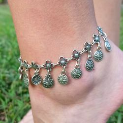 handmade tugra & daisy anklet – adjustable antique silver plated – boho beach jewelry gift for women – 8888880050040