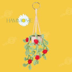 Crochet Rose Flowers Plant Car Hanging, Car Accessories for Women, Crochet Rose Flowers Pot, Cute Car Decor