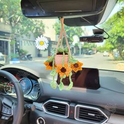 Crochet Sun Flower Plant Car Hanging, Kawaii Car Decor, Car Mirror Hanging Accessories