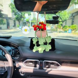 Crochet Clover Plant Car Mirror Hanging Accessories, Cute Car Plant Decor, Plant Lover Gift