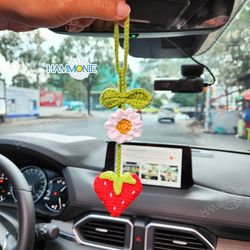 Crochet Strawberry & Daisy Flower Car Mirror Hanging, Crochet Car Accessories, Plant Lover Gift