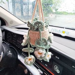 Crochet Daisy Plant Car Vent Clip, Crochet Daisy Plant Car Hanging, Car Air Freshener Plant Decor