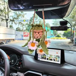 Crochet Daisy Plant Car Mirror Hanging Essential Oil Diffuser, Car Accessories, Fragrance Tablets/Perfume Basket Hanger