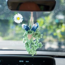 Crochet Bluebonnet Flower Plant Pot Car Hanging, Cute Car Decor, Rear View Mirror Minimalist Ornaments