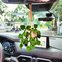Crochet Succulent Plant Pot Car Mirror Hanging, Car Accessories, Knitted Plant Gift