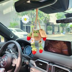 Crochet Strawberry Plant Car Hanging, Crochet Car Decor, Car Accessories, Plant Lover Gif