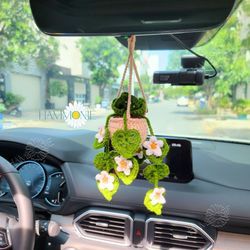 Crochet Daisy Plant Pot Car Hanging, Car Accessories for Women, Rear View Mirror Ornaments