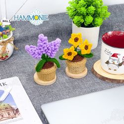 Crochet Sunflowers and Lavender Flowers Monstera Potted Desk Decor, Crochet Mini Flowers Plant Potted Home Decor