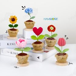 Crochet Flowers Pot Home Decor, Knitted Sunflower/ Carnation/Tulip/Heart/Poppy, Plant Gift
