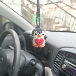 Crochet Penguin Car Accessory, Kawaii Car Decor, Amigurumi Penguin Plush, Car Charm
