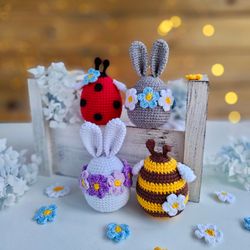 Crochet Flower Bunny/ Bee /Lady Bug, Easter Eggs Crochet, Easter Decorations