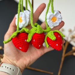 Crochet Strawberry Plant, Car Mirror Hanging Accessories, Succulent Car Plant Decor