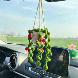 Crochet Green Plant with Mini Flower, Crochet Plant Pot Hanging Basket, Car Hanging Decor