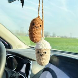 Little Crochet Coffee Cup and Coffee Bean, Car Rearview Mirror Hanging Accessory, Hanging Doll