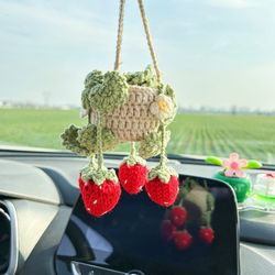 Crochet Swinging Strawberry Plant Hanging, Crochet Cute Plant Basket, Car Rear View Mirror Decor