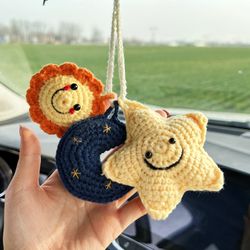 Cute Crochet Star, Moon and Sun, Car Rear View Mirror Hanging Accessories, Car Decor