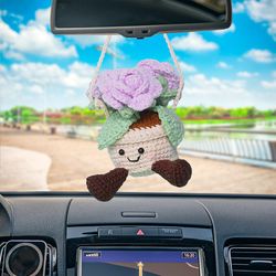 Crochet Smiling Purple Rose Pot Car Hanging, Car Mirror Hanging, Rearview Accessories