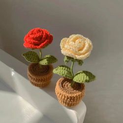 Crochet Mother Day Flower Rose, Mini Crochet Rose Pot, Mother Day Gift