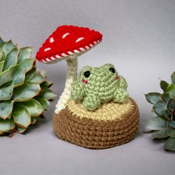 Crochet Cute Little Frog on a Log, Crochet Animals, Cute Desk Accessories