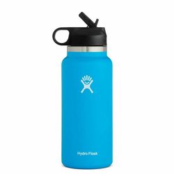 hydro flask stainless steel wide mouth water bottle with straw lid cap and double-wall vacuum insulation blue