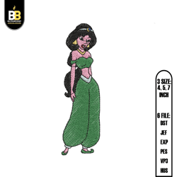 princess jasmine in green embroidery, princess embroidery,digital embroidery,embroidery files