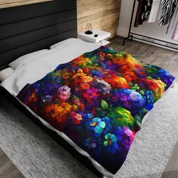 Velveteen Plush Blanket -Colorful Flower Theme