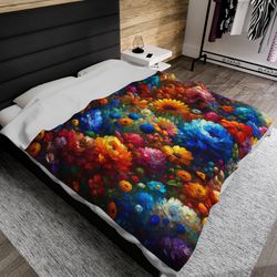 Velveteen Plush Blanket - Colorful Flower Theme -