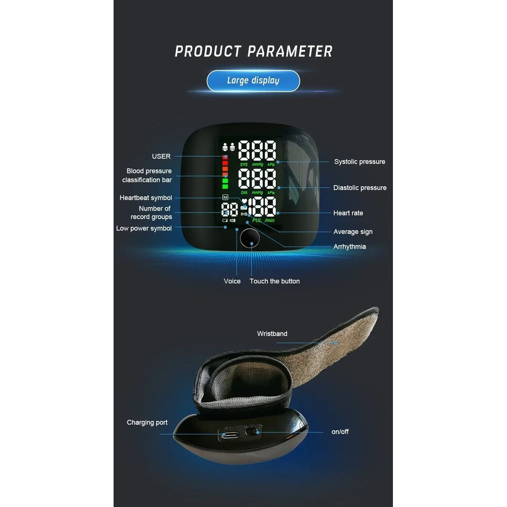 Rechargeable Wrist Blood Pressure Monitor  Accurate Digital Tensiometer With Heart Rate  LED Displa