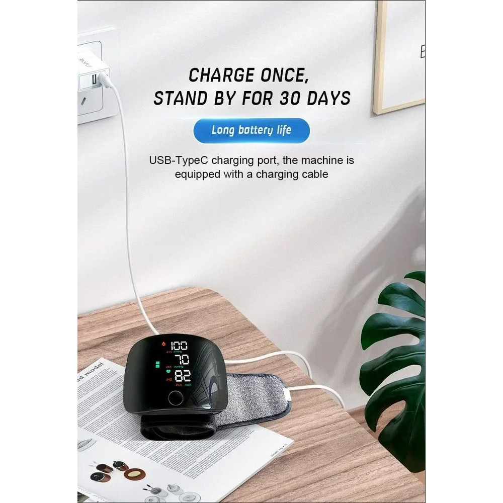 Rechargeable Wrist Blood Pressure Monitor  Accurate Digital Tensiometer With Heart Rate  LED Displa