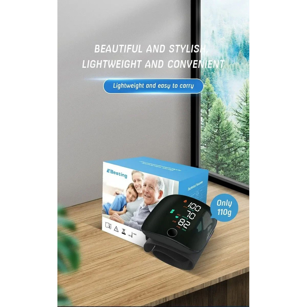 Rechargeable Wrist Blood Pressure Monitor  Accurate Digital Tensiometer With Heart Rate  LED Displa