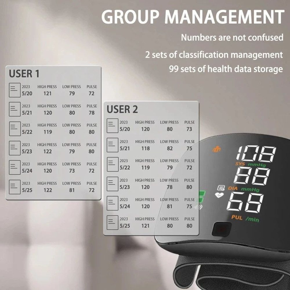 Rechargeable Wrist Blood Pressure Monitor  Accurate Digital Tensiometer With Heart Rate  LED Displa