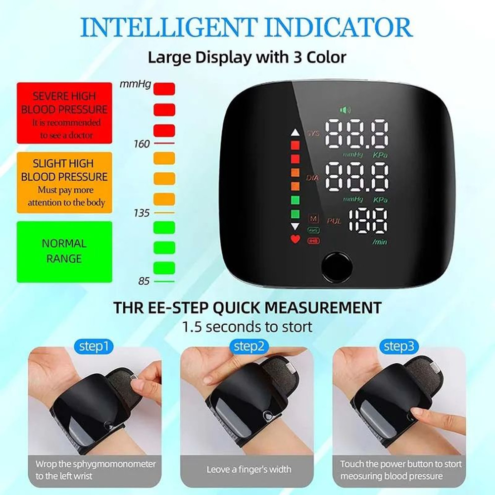 Rechargeable Wrist Blood Pressure Monitor  Accurate Digital Tensiometer With Heart Rate  LED Displa