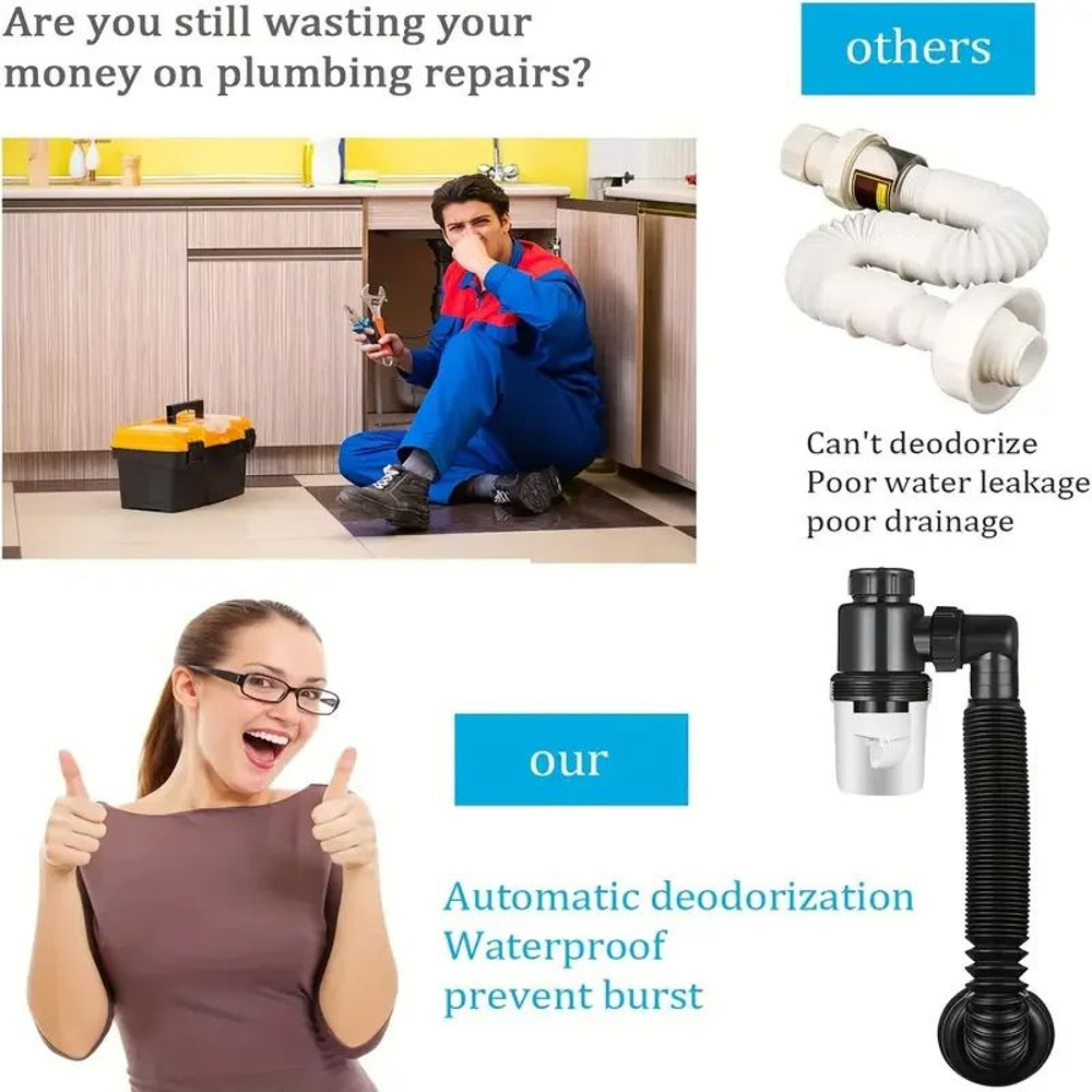 Universal EasyFit PTrap For Kitchen Sink LeakProof Expandable Drain Pipe Set Durable Plastic AntiCl 4