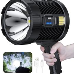 rechargeable spotlight lumens, handheld super bright led spot lights, solar powered searchlight with side floodlight