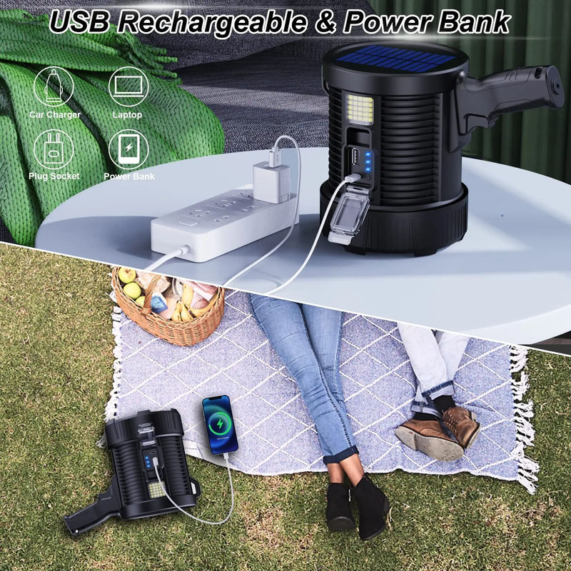 Rechargeable Spotlight Lumens Handheld Super Bright LED Spot Lights Solar Powered Searchlight With  3