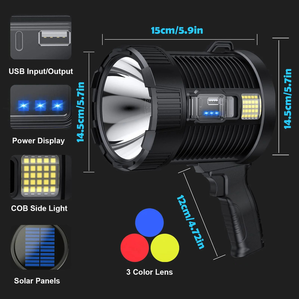 Rechargeable Spotlight Lumens Handheld Super Bright LED Spot Lights Solar Powered Searchlight With  8
