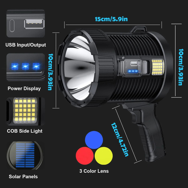 Rechargeable Spotlight Lumens Handheld Super Bright LED Spot Lights Solar Powered Searchlight With  7