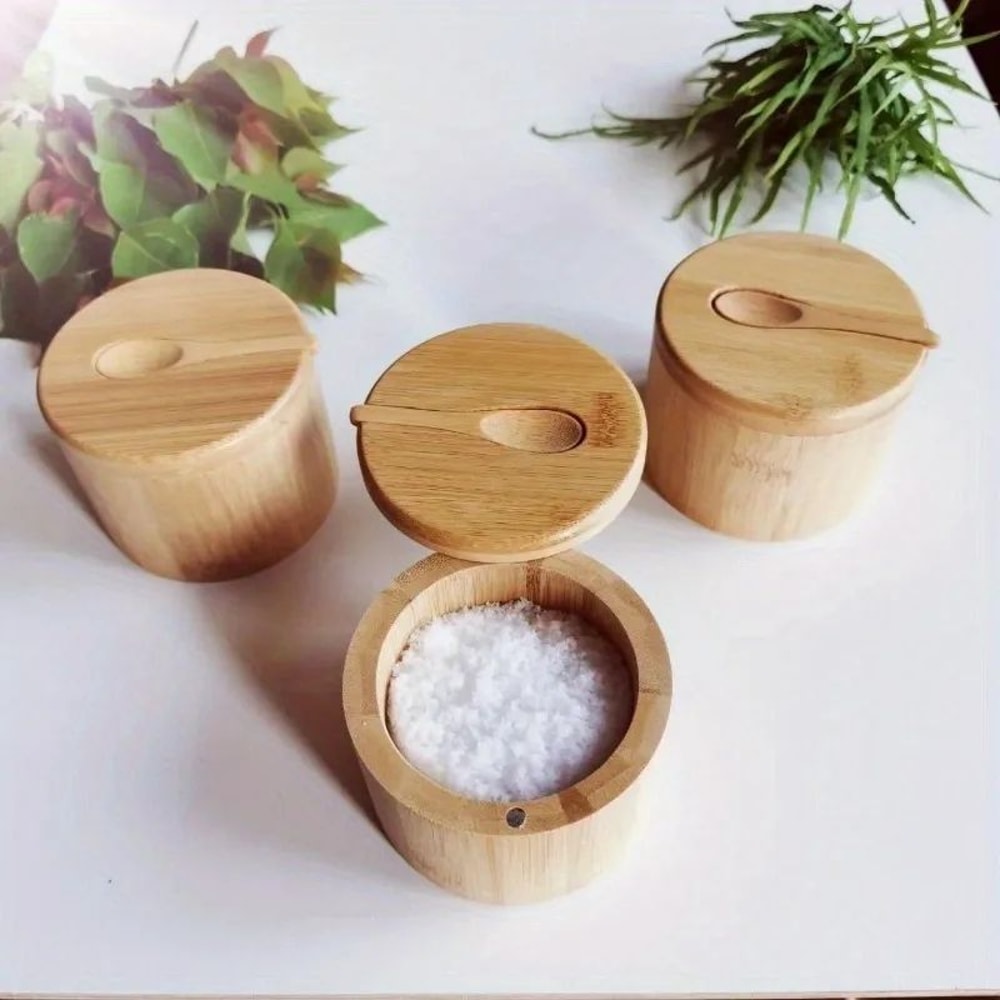 Salt Seasoning Jars Pepper Jar Bamboo Condiment Box Set Multi Bowls Wood Sugar Container With Lid S 3