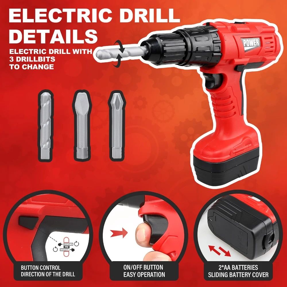 Kids Power Construction Toy Children Tool Set With Electric Toy Drill Build  Pretend Play Toolkit F 2