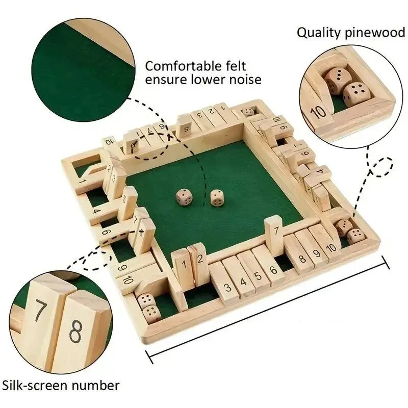 Deluxe Four Sided 10 Numbers Shut The Box Board Game  Dice Drinking Party Game For Adults Families  3