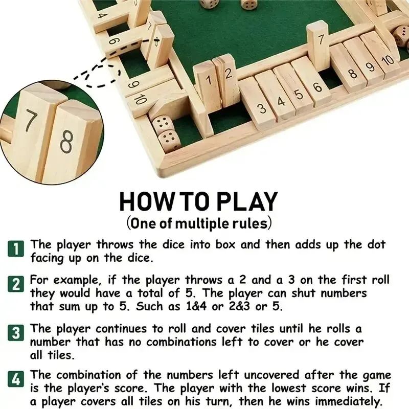 Deluxe Four Sided 10 Numbers Shut The Box Board Game  Dice Drinking Party Game For Adults Families  5