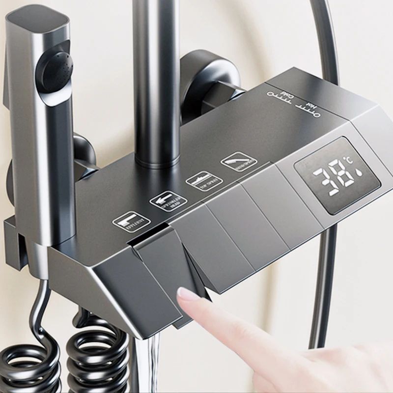 Bathroom Shower Full Set Black White Gray Rain Pressurized Digital LED Hot Cold Faucet System 0