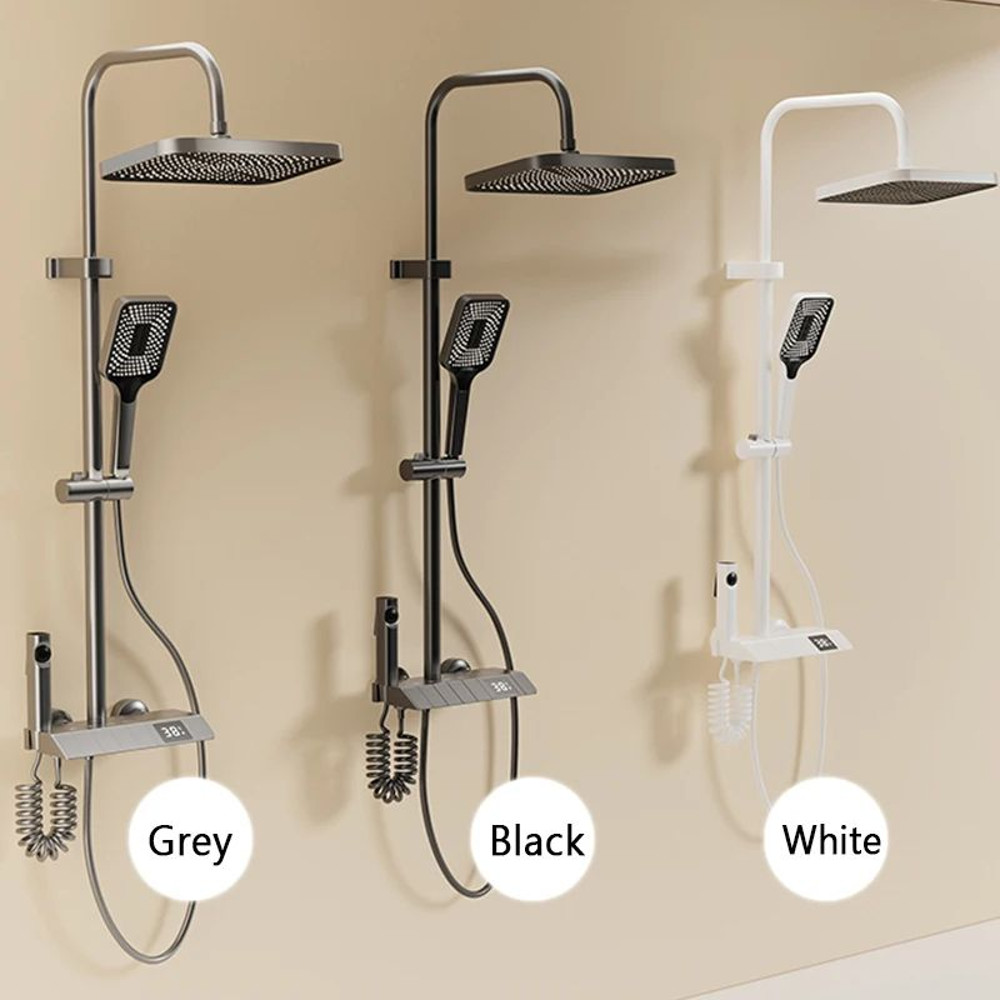 Bathroom Shower Full Set Black White Gray Rain Pressurized Digital LED Hot Cold Faucet System 2