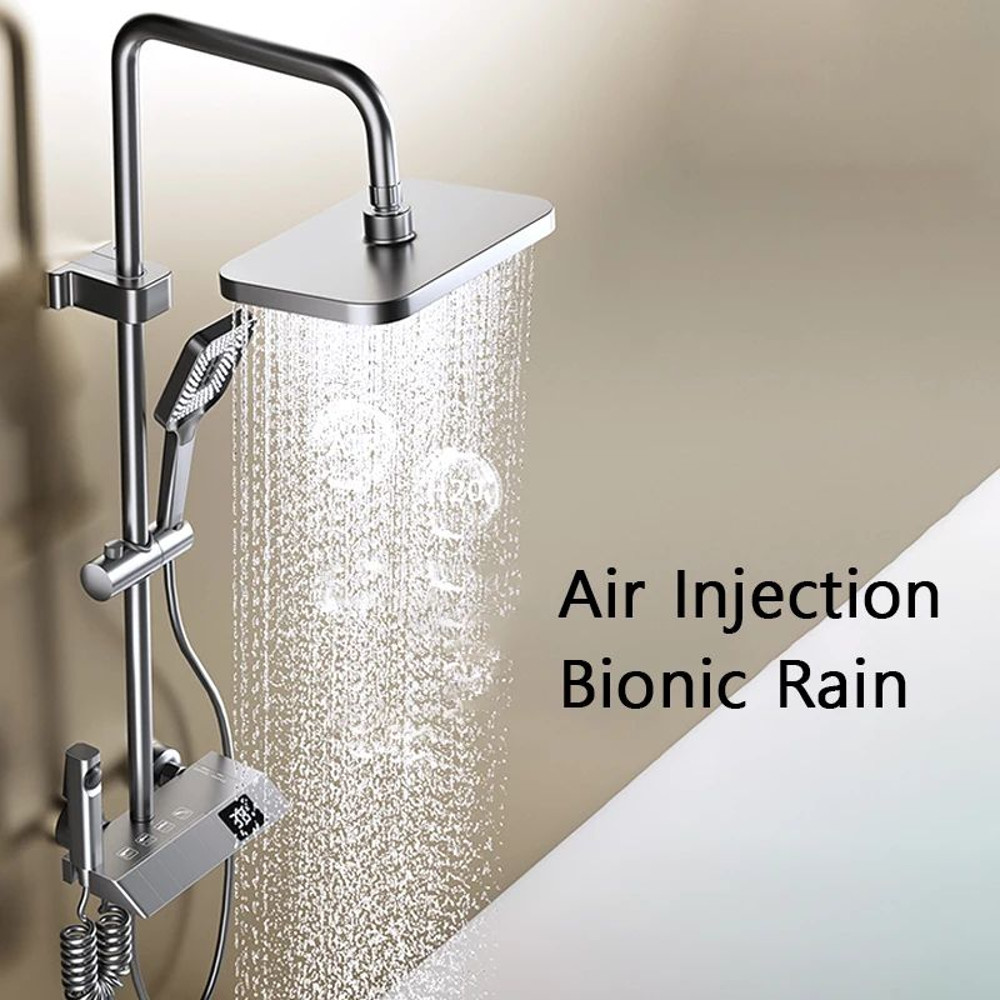 Bathroom Shower Full Set Black White Gray Rain Pressurized Digital LED Hot Cold Faucet System 3
